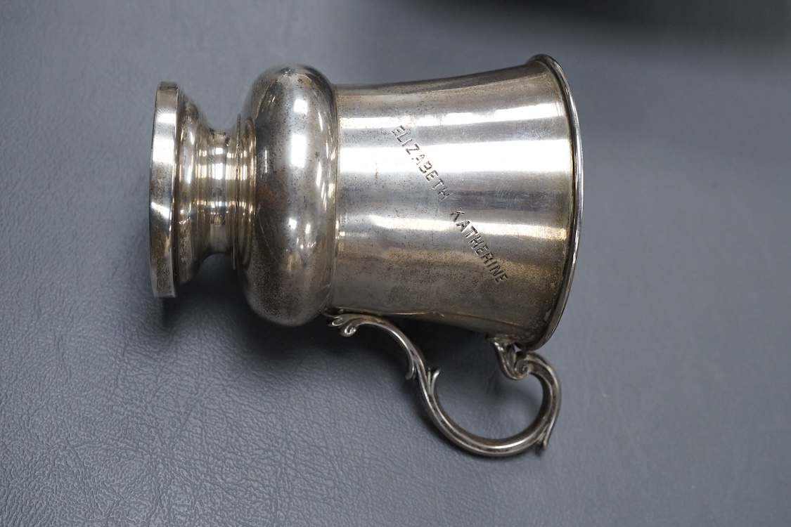 A group of silver to include Greek 800 white metal dish, 15.9cm, a white metal christening cup(tests as silver), Gorham mustard, one other silver mustard and a two handled vase.